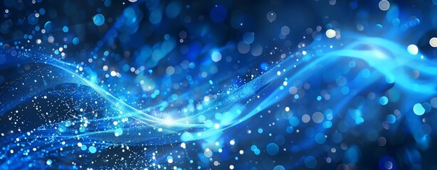 Wall Mural - Dynamic blue waves illuminated by shimmering light effects, perfect for backgrounds and abstract designs.