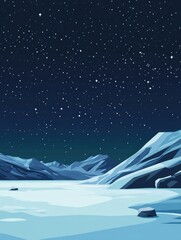 Poster - Night sky over frozen lake surrounded by snow capped mountains at twilight showcasing a starry atmosphere. Generative AI