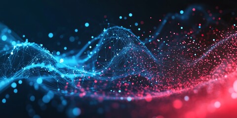 Poster - Digital wave particles flowing, red blue tech background, website banner