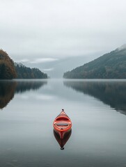 Poster - Lone kayak on calm water reflecting lush mountains and overcast skies in a serene landscape setting. Generative AI