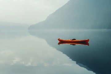 Fototapete - Lone kayak floats peacefully on a still mountain lake surrounded by misty mountains at dawn. Generative AI