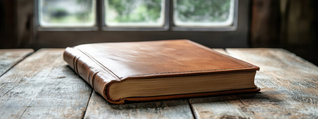 A vintage leather-bound book sits elegantly on a rustic wooden table, illuminated by soft natural light from a nearby window.