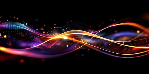 Aufkleber - Abstract colorful waves flow on black, glowing particles background