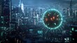 © Chantip - Microscopic view of virus, futuristic AI-powered virus concept, glowing lights and digital interface, isolated with copy space for sci-fi technology impact, on cityscape background.