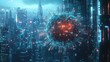 © Chantip - Microscopic view of virus, futuristic AI-powered virus concept, glowing lights and digital interface, isolated with copy space for sci-fi technology impact, on cityscape background.