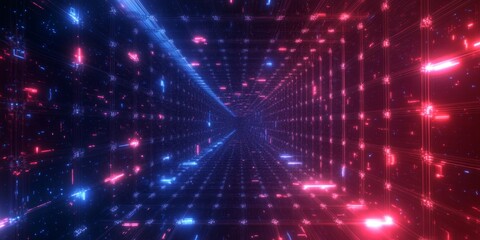 Poster - Neon Grid Tunnel Digital Data Stream, Futuristic Background