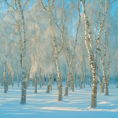 Wall Mural - Serene Snowy Birch Forest Landscape with Frosted Trees Under Clear Blue Sky in Winter Wonderland Perfect for Nature Lovers and Winter Scene Enthusiasts