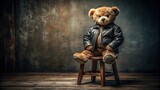 A cute teddy bear with a shiny leather jacket and a confident pose, sitting on a worn wooden stool in a dimly lit room, rustic decor, cuddly companion