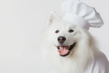 Wall Mural - Samoyed dog as a chef, fluffy and cute, smiling with a white pet costume in a portrait