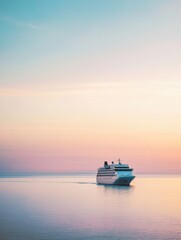 Poster - Serene cruise ship sailing across tranquil waters at sunset near coastal horizon. Generative AI