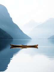 Poster - Lone kayak floating on calm mountain lake surrounded by misty mountains in early morning light. Generative AI