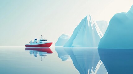 Leinwandbilder - Majestic red ship navigating serene waters with towering icebergs in a tranquil Arctic landscape. Generative AI