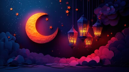 Canvas Print - Enchanting Moonlit Night with Colorful Lanterns and Starry Sky in a Dreamy Art Scene