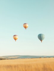 Poster - Breathtaking hot air balloons soar over a serene field during a clear day. Generative AI