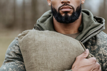 Wall Mural - A man with a beard and a green hoodie is holding a bag