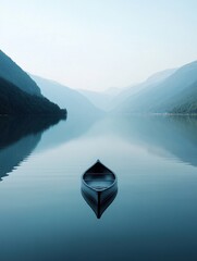 Aufkleber - Kayak floating serenely on a tranquil mountain lake during a misty morning. Generative AI