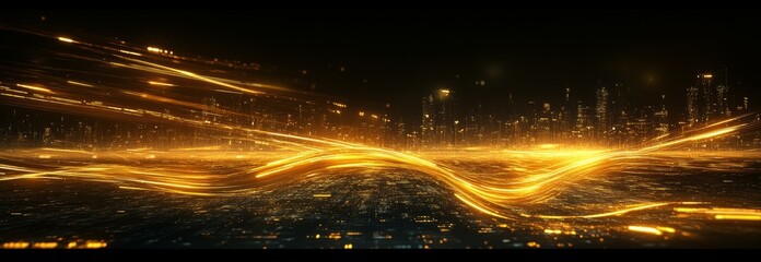 Poster - Golden light streaks over cityscape, night; futuristic background; website header