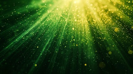 Poster - asymmetric green light burst, abstract beautiful rays of lights on dark green background with the co