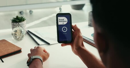 Poster - Hands, phone screen and travel insurance at office with application, sign or check mark at creative agency. Person, smartphone and user experience with risk cover, symbol or registration at workplace