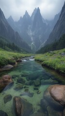 Wall Mural - Majestic Mountain Landscape with Crystal Clear Water, Flowing Stream, and Dramatic Peaks Under Gray Sky in Serene Green Valley with Wildflowers