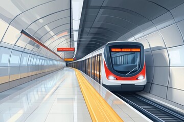 Poster - Metro station layout with subway train preparing for passenger boarding in modern underground transport system. Generative AI