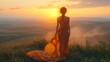 © SibteHUSSAIN - Young woman flowing saree standing on a hilltop at sunset the wind gently blowing her hair as she contemplates the role of women in society the expansive landscape symbolizing her yearning for freedom