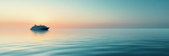Poster - Cruise ship sailing on calm waters at dawn with vibrant sunrise reflections in the horizon. Generative AI