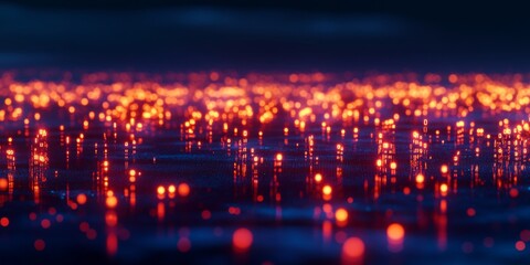 Poster - Glowing orbs reflect on dark water, nighttime scene, abstract background, digital art