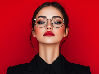 Wall Mural - Beautiful woman wearing glasses businesswoman on red background