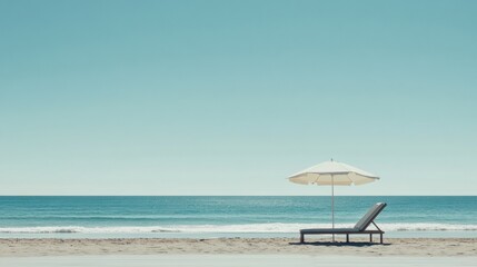 Aufkleber - Relaxing beach getaway with a lounge chair and umbrella under a clear blue sky. Generative AI
