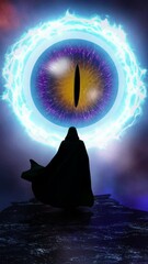 Wall Mural - vertical alien eye in the sky with hooded figure 4k loop features a single eye in the sky with energ