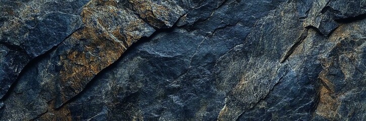 Wall Mural - Gray blue brown rock texture. Rough mountain surface with cracks. Close-up. Dark stone background with space for design. Web banner. Wide. Panoramic.