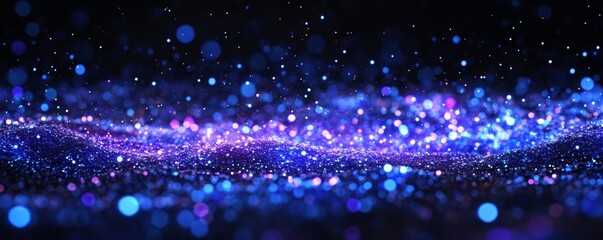 Poster - Blue glitter wave, dark background, bokeh effect, digital art, website banner