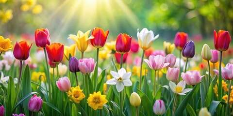 Wall Mural - Colorful tulips and daffodils in a lush green meadow, grasslands, spring floral wallpaper,  grasslands,spring floral wallpaper