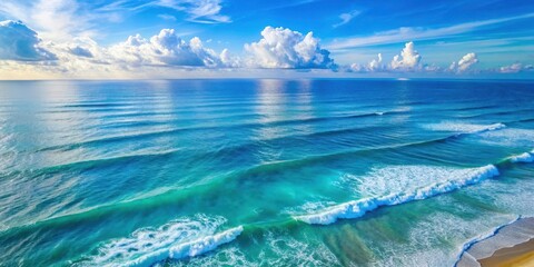 Wall Mural - Aerial view of a serene blue sea surface with gentle waves and scattered white foam