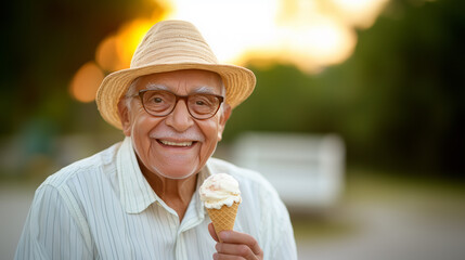 Enjoying delicious ice cream cone, elderly man smiles warmly in sunny outdoor setting. His straw hat adds cheerful touch to moment.