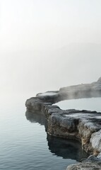 Poster - Serene hot spring with steam rising over rocky edges at dawn in a tranquil natural setting. Generative AI