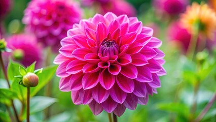 Wall Mural - Close-up of vibrant hot pink dahlia flower in a garden, delicate petals, plant,  delicate petals, plant