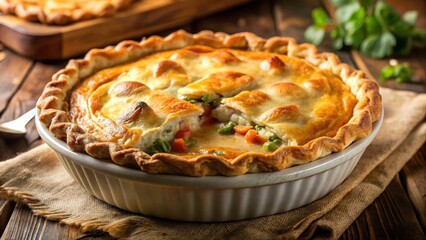 Wall Mural - A close-up shot of a chicken pot pie with a flaky pastry crust and a golden brown finish, golden brown, meal, golden brown