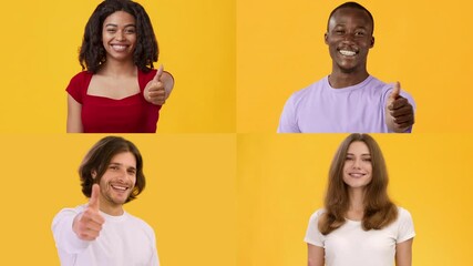 Poster - A joyful gathering of four individuals each expressing positivity with big smiles and thumbs-up gestures. The vibrant yellow background enhances the cheerful mood of the moment.
