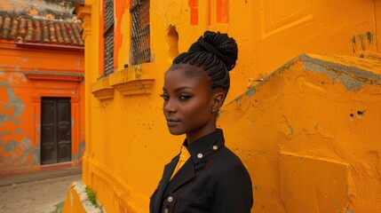 Wall Mural - Portrait of a young woman posing confidently against a vibrant yellow-orange weathered wall in an urban setting, combining contemporary fashion with a striking architectural backdrop