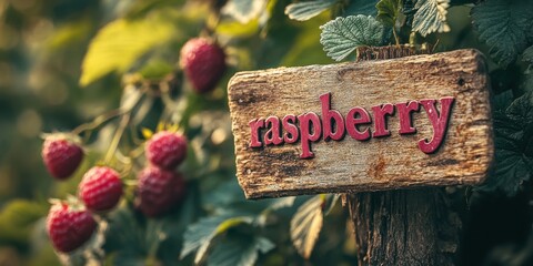 Wall Mural - Close-up of Fresh Raspberries on the Vine with Rustic Wooden Sign in a Lush Garden Setting, Highlighting the Vibrant Colors and Natural Beauty of Berries in Summertime