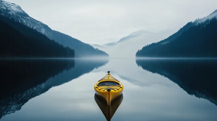 Poster - Lone yellow kayak floating on a serene mountain lake surrounded by misty peaks in early morning light. Generative AI