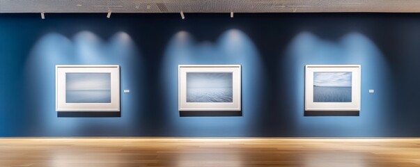 Poster - Gallery Interior Three Seascapes on Blue Wall