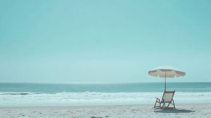 Fototapete - Relaxing beach getaway with a lounge chair and umbrella by calm ocean waves under clear blue sky. Generative AI