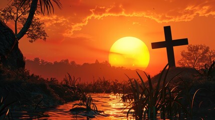 Wall Mural - Serene sunset over a tranquil river, with silhouetted trees and a cross, creating a peaceful atmosphere