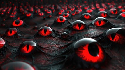 Wall Mural - A mesmerizing close-up of numerous glowing red eyes peering through a dark, textured surface, creating an eerie atmosphere