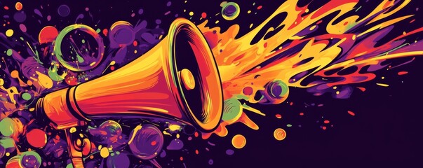 Aufkleber - Colorful megaphone announcement, paint splash background, vibrant ad