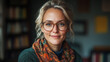 © Mykhailo Shvets - Stylish Young Caucasian Female Teacher with Glasses Smiling in a Cozy Classroom or Library, Wearing a Warm Scarf and Sweater, Creating an Inspirational and Intellectual Learning Atmosphere