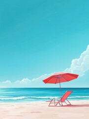 Poster - Relaxing beach setting with a lounge chair and umbrella under a clear blue sky and gentle ocean waves. Generative AI